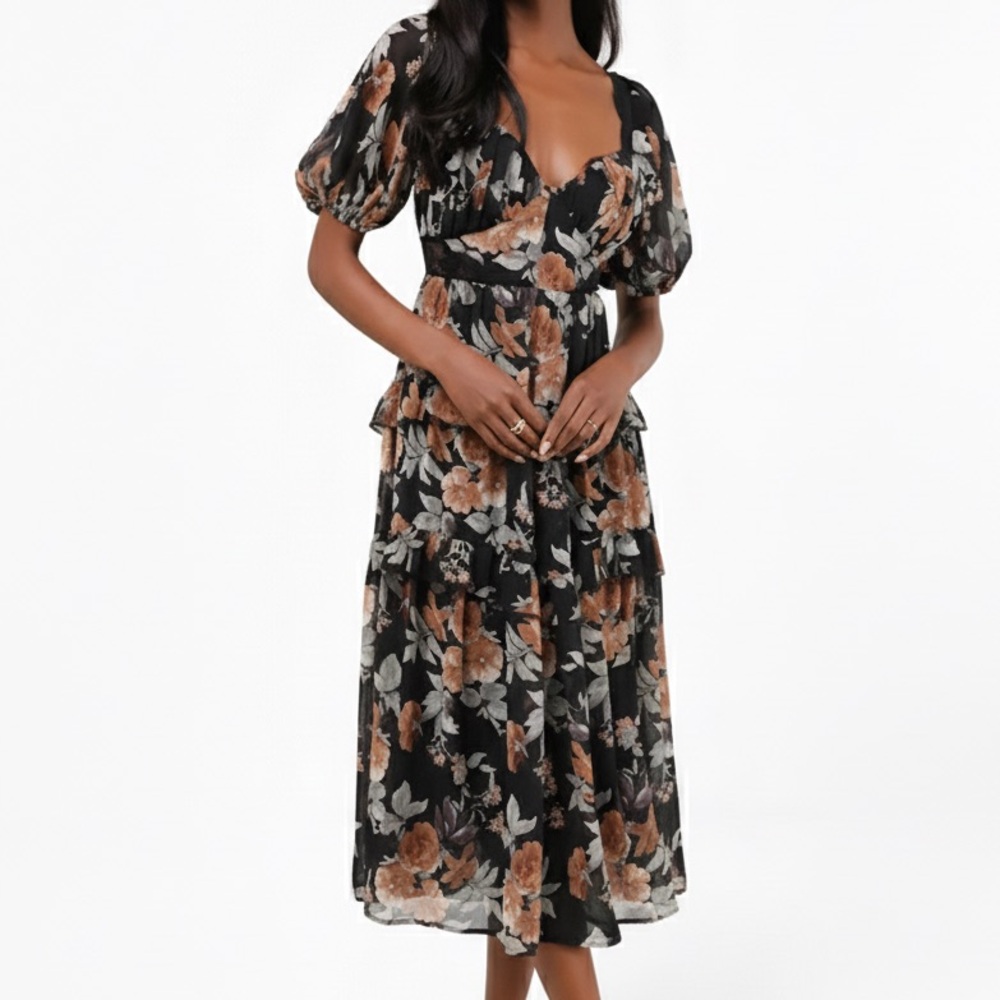NWT Lulus Black Floral Tiered Puff Sleeve Open Back Lace-Up Midi Dress XL